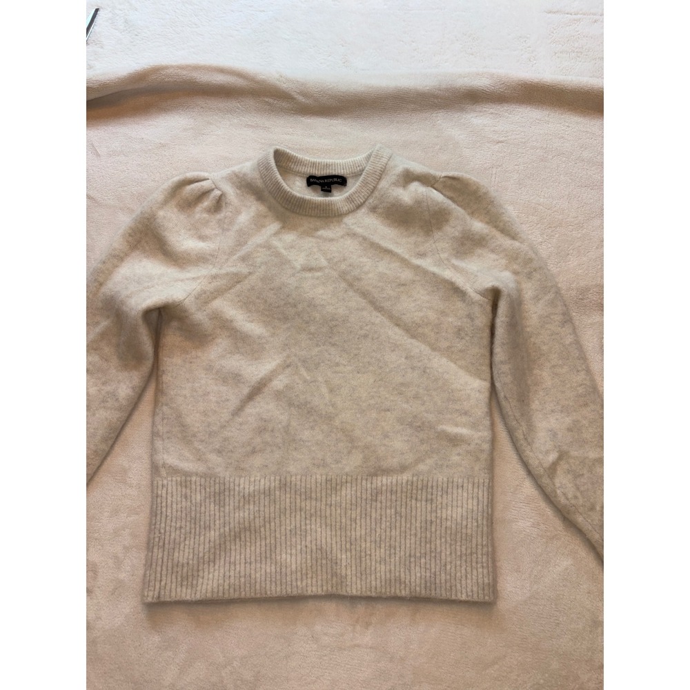 Banana Republic Cream Alpaca Wool Blend Puff Shoulder Crewneck Sweater Small